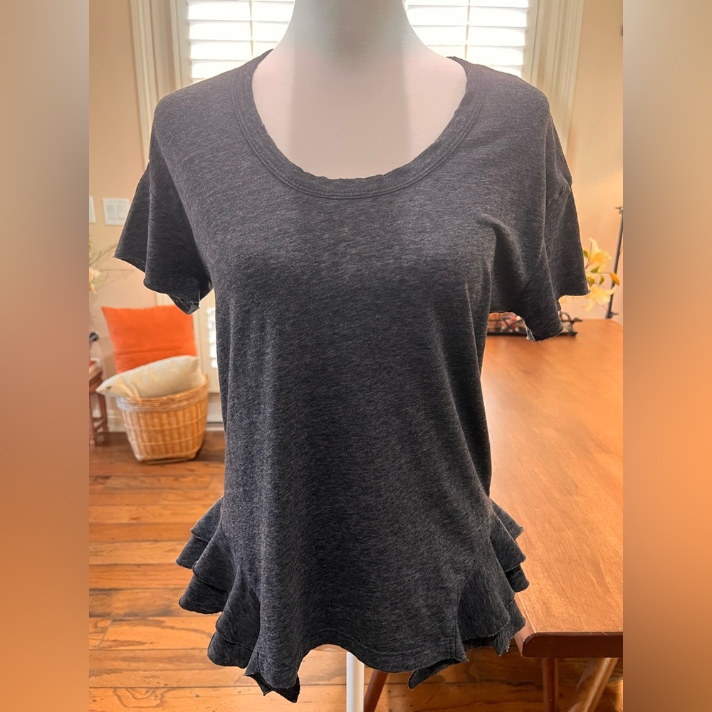 Current/Elliot Gray Tshirt The Side Ruffle Tee Cotton Knit Sz 0 Crewneck